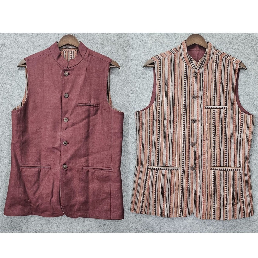 Nehru Vest Mens 36R S Burgundy Sawtooth Stripe Reversible Indian Gilet VINTAGE